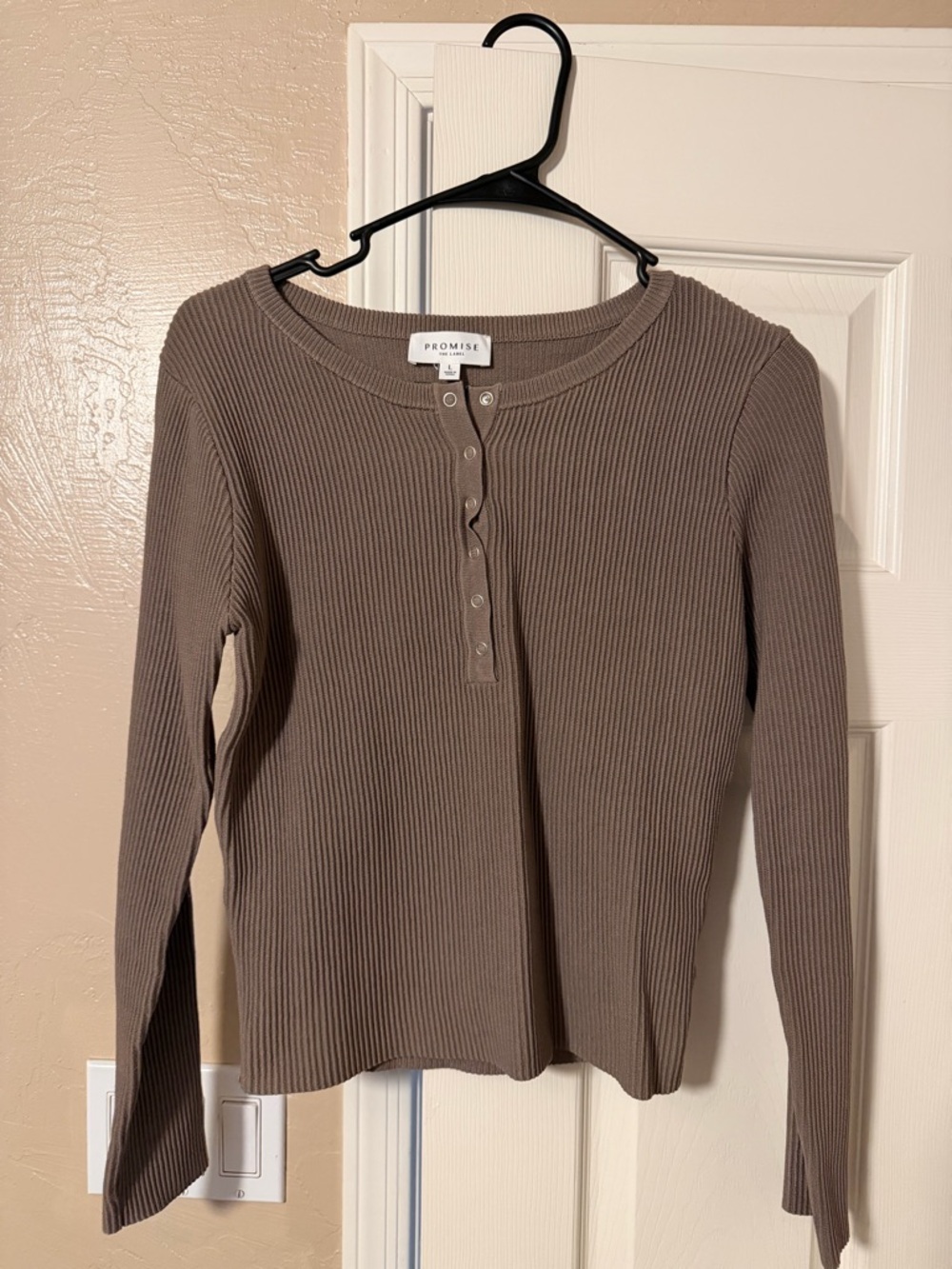 Promise Taupe Ribbed Henley Long Sleeve Top